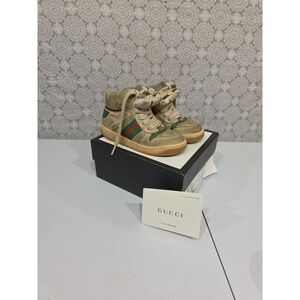 Gucci Kids GG Supreme High Top Sneakers Beige Green Red Stripe Logo 26, 9.5 READ
